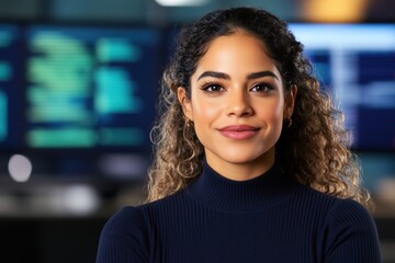 Young Hispanic woman presents cyber threat detection strategies in a modern security operations center with futuristic design