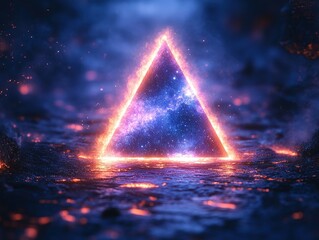 Glowing Triangle Portal in Volcanic Landscape with Galaxy Background