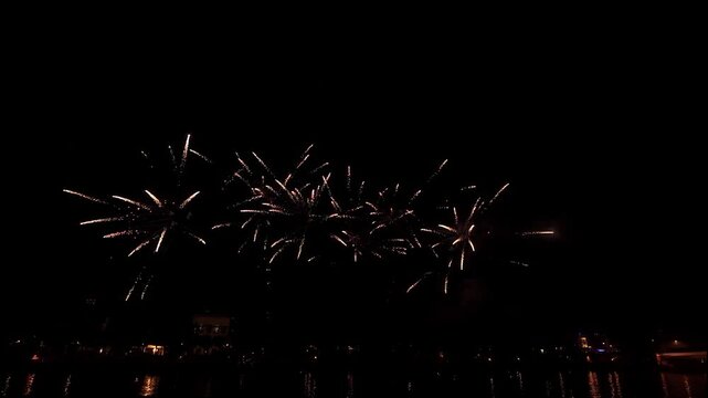 Beautiful Sparkling Colorful Fireworks in the night sky with reflections on the Main river Wide shot with Light Trails in the sky during Mainfest in Frankfurt Hessen Germany Deutschland