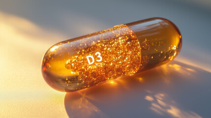 Fototapeta premium Close-up photo of a golden semi-transparent capsule filled with gel, labeled 'D3', against a light background, showcasing the contents.