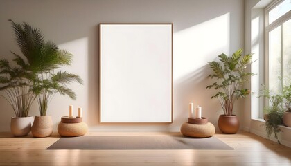 Blank pictures frame mockup wall art posters in cozy light beige room interior