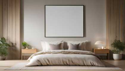 Blank pictures frame mockup wall art posters in cozy light beige room interior