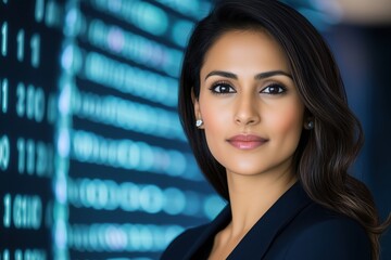 Confident South Asian woman in business attire demonstrating network security protocols to her team in a modern IT control room