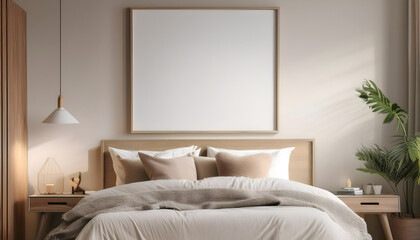 Blank pictures frame mockup wall art posters in cozy light beige bedroom interior
