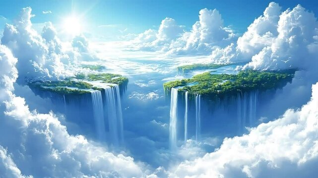Floating islands, waterfalls, cloudscape, paradise, fantasy, game background