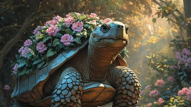 Flower-laden tortoise in sun-dappled forest; nature's serenity