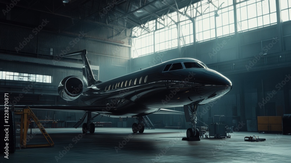 Aufkleber luxurious private jet awaits departure in a spacious hangar with soft sunlight streaming through lar