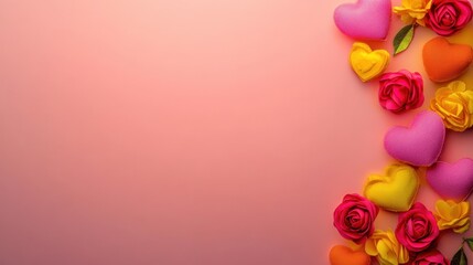 Obraz premium A romantic scene filled with vibrant roses and playful hearts against a soft pink backdrop, capturing the essence of love and celebration on Valentine's Day.