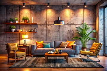 Modern Cozy Living Room Interior Design with Concrete Wall Texture