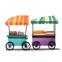 Two food carts selling fruit, vegetables, and sweets at a market