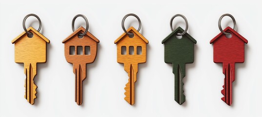 Set of wooden house-shaped keychains in different colors on white background, minimalistic design for real estate or home decoration concept