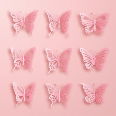 Elegant pink paper cut butterflies on a pink pastel background