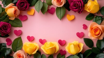 Naklejka premium A stunning display of roses and hearts, elegantly shaped into a heart on a soft pink background, exuding love and romance this Valentine's Day.