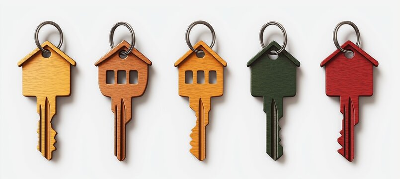 Set of wooden house-shaped keychains in different colors on white background, minimalistic design for real estate or home decoration concept