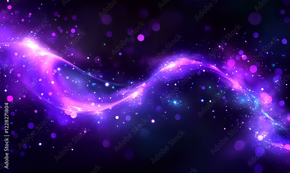 Poster magical purple wave of light and sparkles flowing through dark space with glowing particles and boke