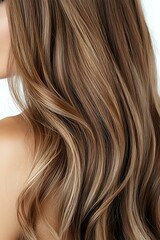 Obraz premium Close-up of wavy brown hair with blonde balayage highlights showing natural texture and shine against white background, suitable for beauty and hair care advertising.
