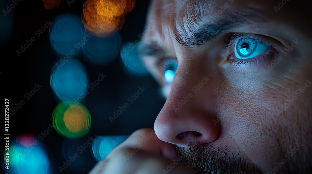Poster close up portrait of bearded man with bright blue eyes against dark background with colorful bokeh l