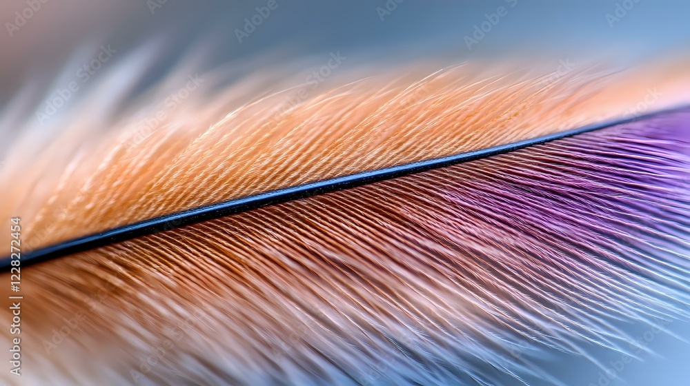 Poster delicate macro shot of feather showing intricate barbs and texture in peach and purple tones against