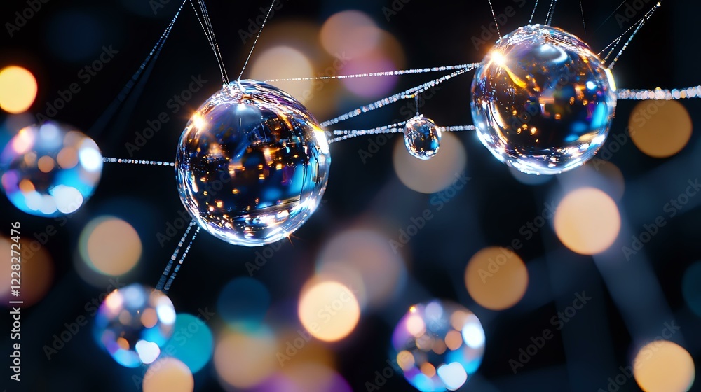 Aufkleber shiny glass spheres with water drops on spider web strings against blurred bokeh lights background c