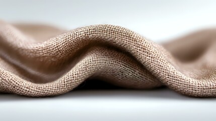 Fototapeta premium Natural burlap fabric with soft wave pattern on white background, macro close-up showing detailed textile texture and gentle folds in neutral beige tones.