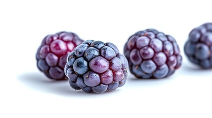 Frozen blackberries covered in frost crystals on white background, macro food photography showing detailed texture and natural purple color variation.