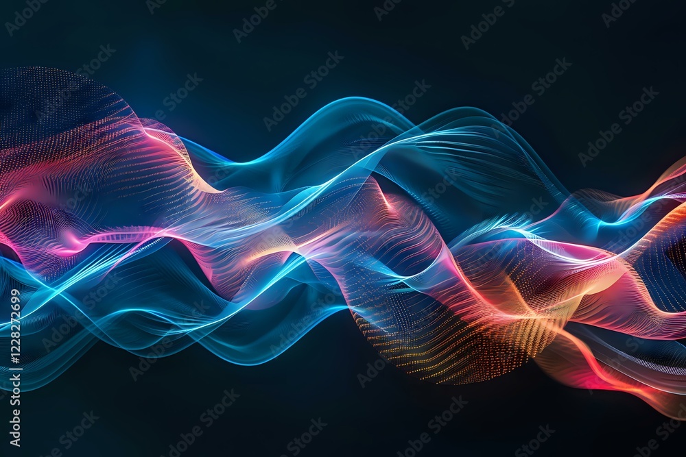 Poster dynamic flowing waves of neon blue and pink light create abstract pattern against dark background, f