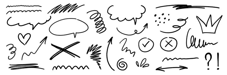 Hand drawn doodle lines, emphasis, arrow, speech bubble. Vector illustration of pencil shapes, marker brush stroke, underline. Scrapbook collage design elements.