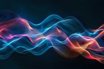 Fototapeta premium Dynamic flowing waves of neon blue and pink light create abstract pattern against dark background, featuring smooth curves and glowing energy lines.