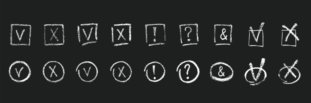 Hand drawn grunge texture tick, mark, checkboxes, correct or wrong symbols set. Chalk or crayon effect vector elements isolated on black background for underline in business presentation, checklist.