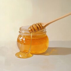 Golden honey dripping from dipper into jar, light background, food photography