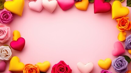 Fototapeta premium A vibrant circle of colorful hearts and delicate roses, celebrating love's beauty and warmth this Valentine's Day.