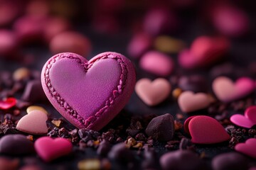 Obraz premium A whimsical purple heart cookie rests on a delightful array of glossy chocolate hearts, embodying sweet love and affection for Valentine's Day.