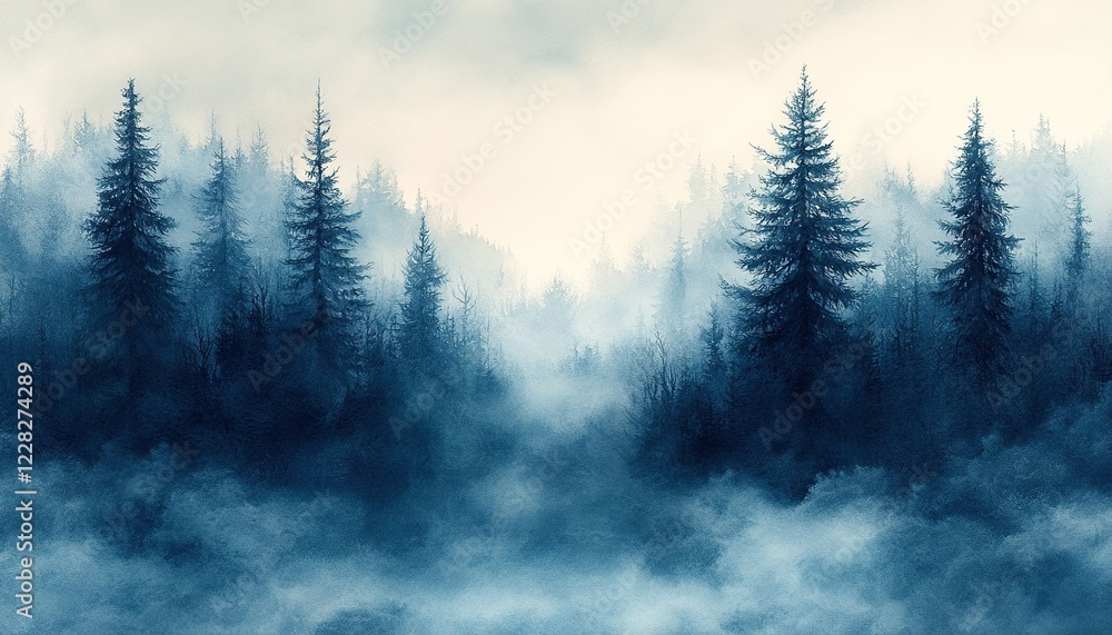 Poster misty coniferous forest landscape with fog rolling through trees
