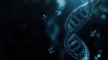 An abstract representation of a human DNA strand with floating medical symbols, set against a dark background, Scientific style