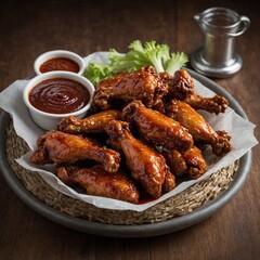 Photo of Chicken Wings, close-up of restaurant menu dishA plate of sweet and sticky honey barbecue wings served with celery sticks and ranch dressing. Spicy Chicken Wings: Glazed with Fiery Hot Sauce,