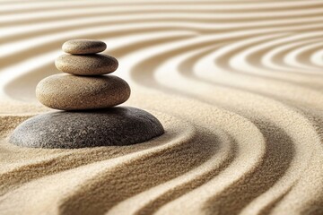 Smooth stones are arranged in balance on raked sand, creating a peaceful zen garden atmosphere