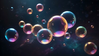Fototapeta premium Coloridas pompas de jabón flotando en un espacio oscuro con estrellas y planetas al fondo