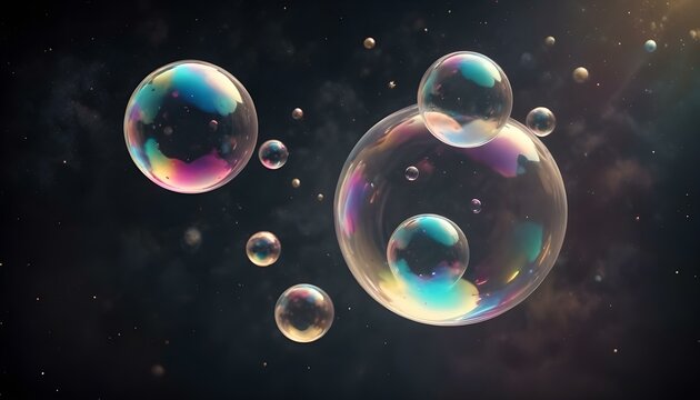 Coloridas pompas de jab&oacute;n flotando en un espacio oscuro con estrellas y planetas al fondo