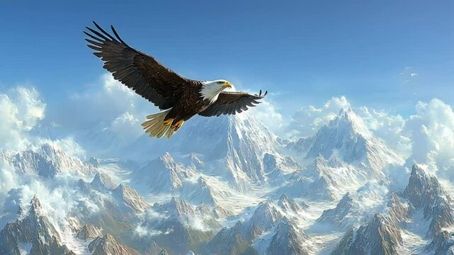 Majestic eagle soaring above snow-capped mountains