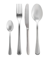 Stainless steel cutlery set. Spoon, knife, fork, teaspoon isolated