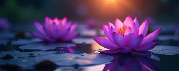 Softly glowing purple lotus flowers illuminate the pond's surface at dawn, casting a mystical glow, serene landscape, morning light, peaceful ambiance