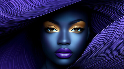 Minimalist digital illustration of a Black woman with deep blue skin, golden eye makeup, and bold purple lips, framed by flowing purple textures. Beauty, fashion, and artistic portrait concept.