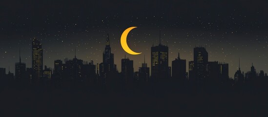 Night City Skyline Crescent Moon, Dark, Urban, Peaceful