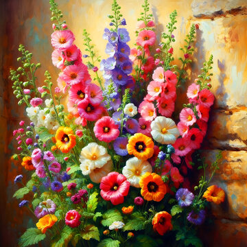 colorful mallow flawer right next to a wall oil painting style flora art