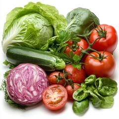 Vibrant fresh vegetables, crisp lettuce, ripe tomatoes, white background, high resolution, perfect for culinary presentations and healthy lifestyle themes