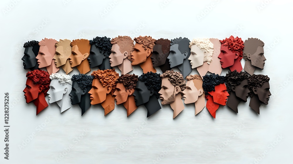 Poster diverse profile silhouettes arranged in rows showing different skin tones and facial features agains