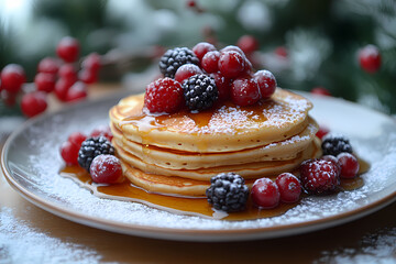A table filled with golden pancakes, drizzled with syrup, creating a mouth-watering and indulgent breakfast feast