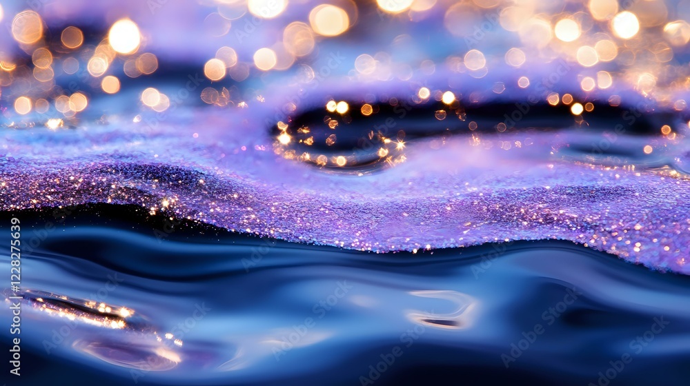 Poster magical water surface with glowing bokeh lights and sparkles in deep blue and purple tones creating 
