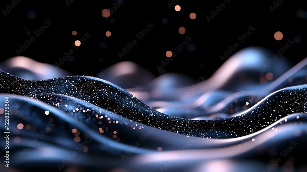 Poster abstract flowing waves with glittering particles on dark background create mesmerizing pattern of li
