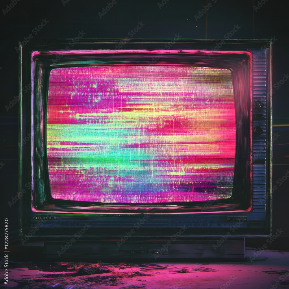 Poster retro television screen displaying vibrant static noise and colorful glitch patterns in a dimly lit 
